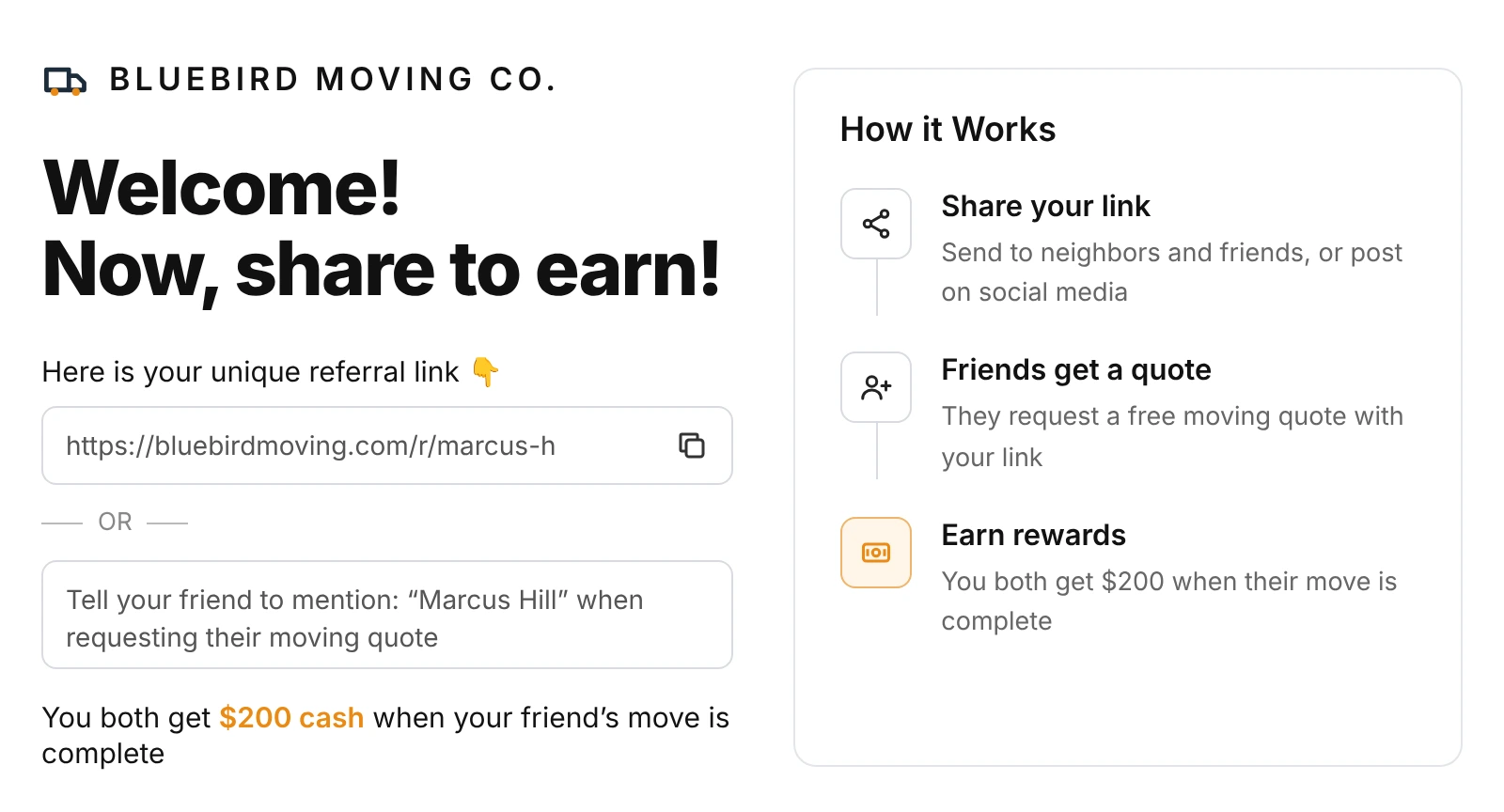 ReferralHero referral widget for a moving company showing a unique referral link and a double-sided $200 cash reward when a friend's move is complete