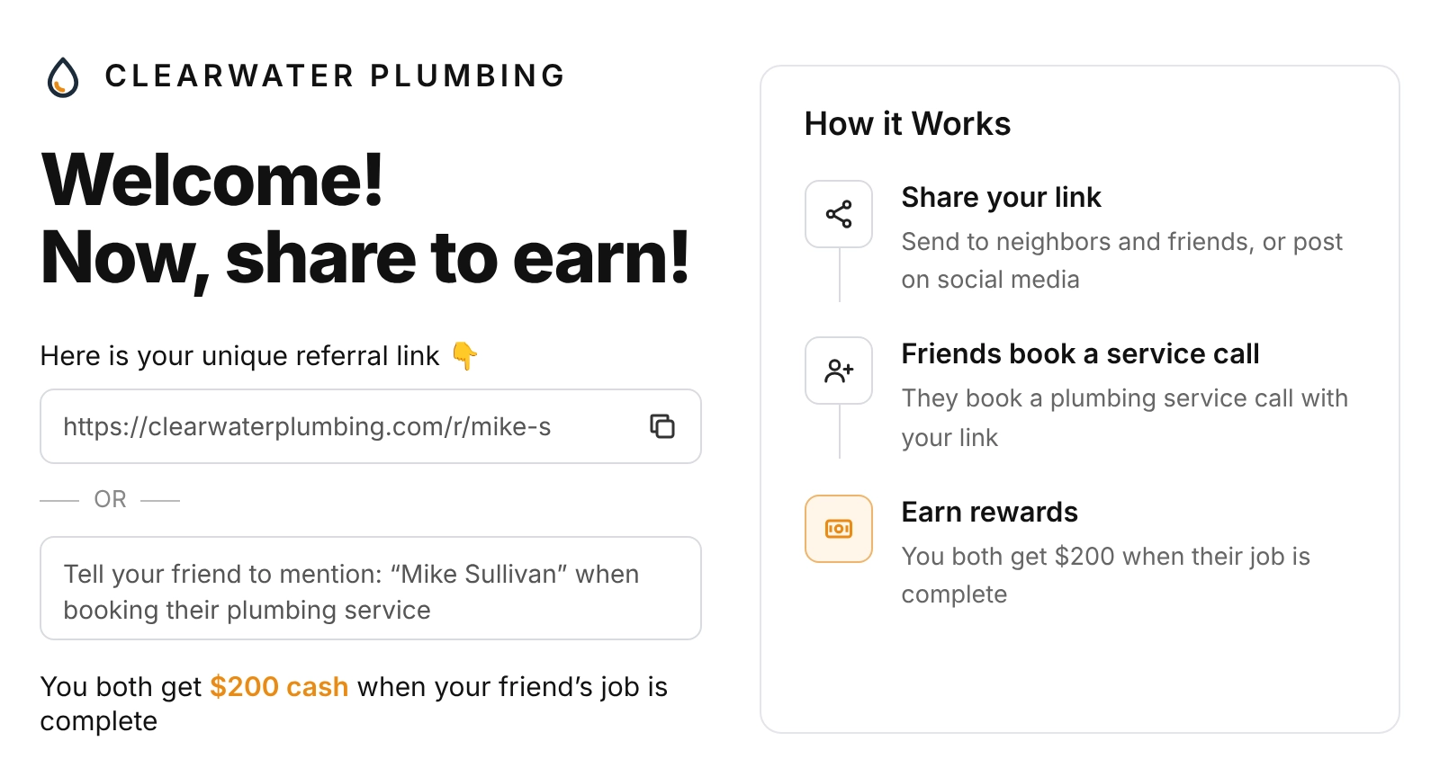 ReferralHero referral widget for a plumbing company showing a unique referral link and a double-sided $200 cash reward when a friend's job is complete
