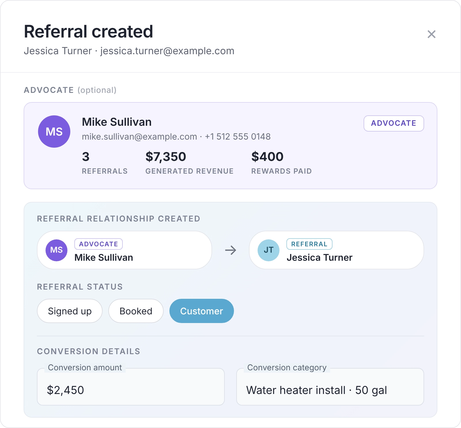 ReferralHero referral record linking an advocate to a new plumbing customer, with a $2,450 water heater install attributed to the referral