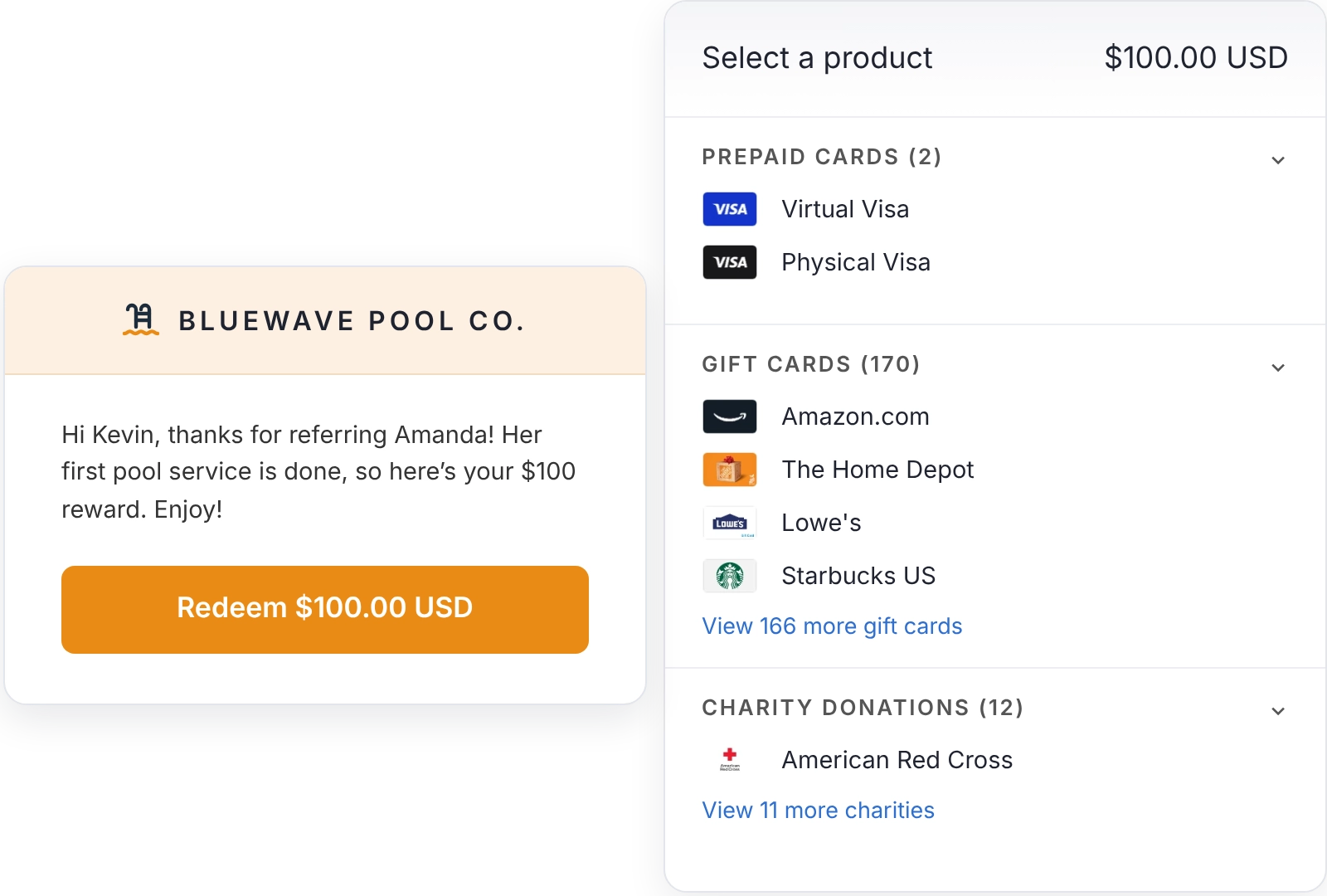 Branded $100 pool service referral reward email next to a reward selection screen offering Visa prepaid cards, gift cards, and charity donations