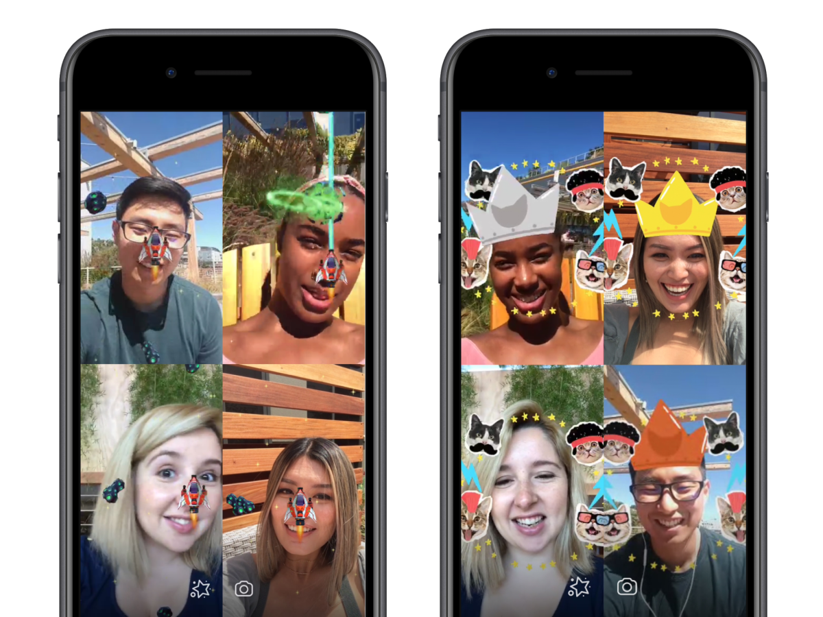 Four friends use Facebook Messenger to chat on a video call.