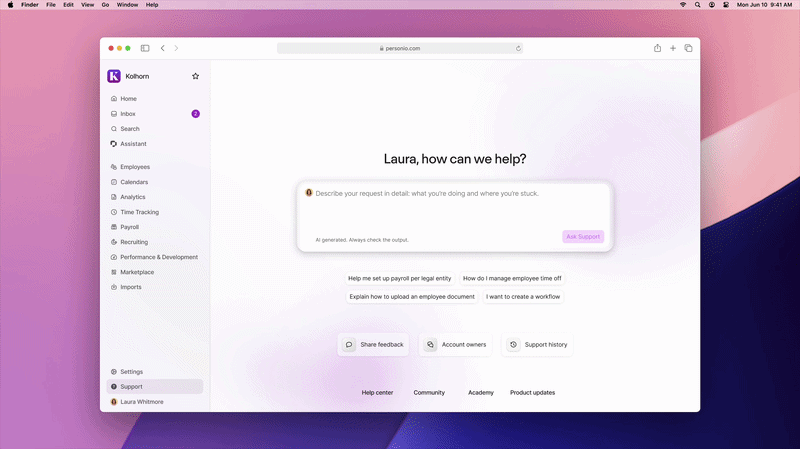 Personio Support AI redesign — AI chat interface resolving customer queries