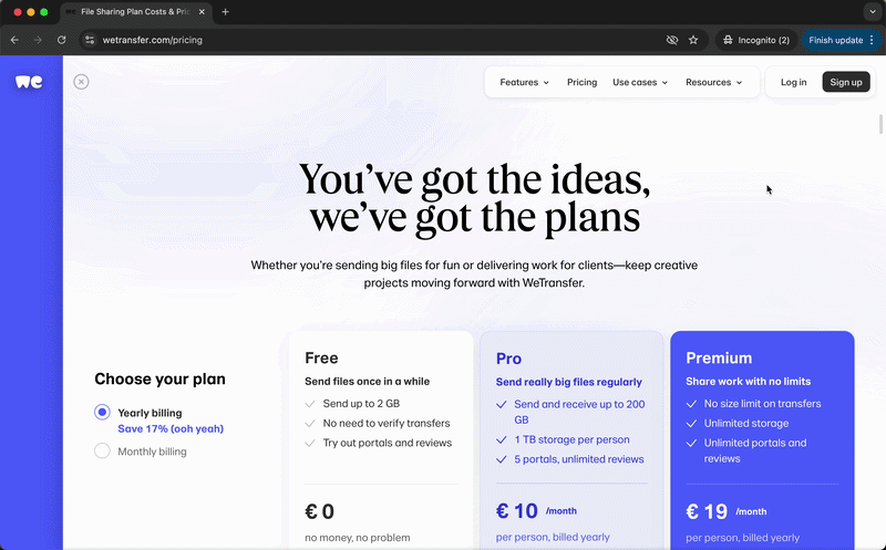 WeTransfer pricing page, featuring the new paid Premium plan.