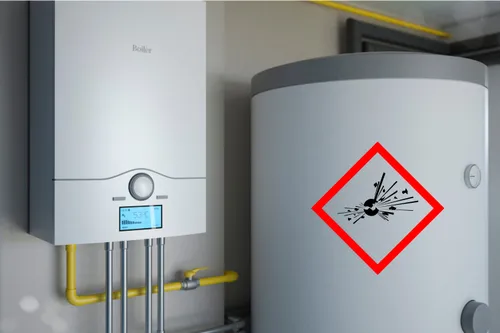 Gas boiler with control box and gas explosion warning