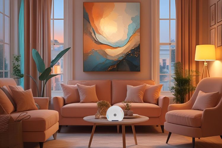 ruhiges Wohnzimmer mit dem air-Q auf dem Couchtisch zwischen Sesseln, für ein gutes Raumklima