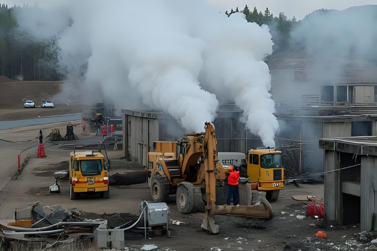 grand chantier avec pelleteuse et fumée