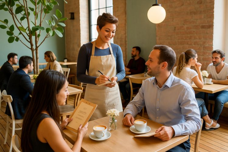 Restaurant with occupied tables and a waiter taking the order