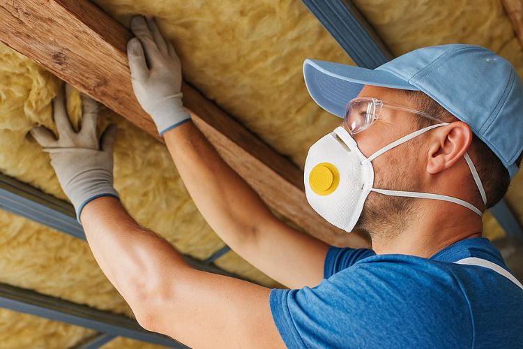 Un homme portant un masque de protection contrôle la présence d'amiante dans les bâtiments