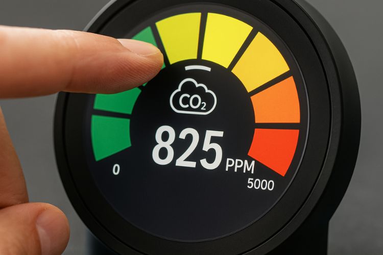 A hand points to an air meter with a traffic light display