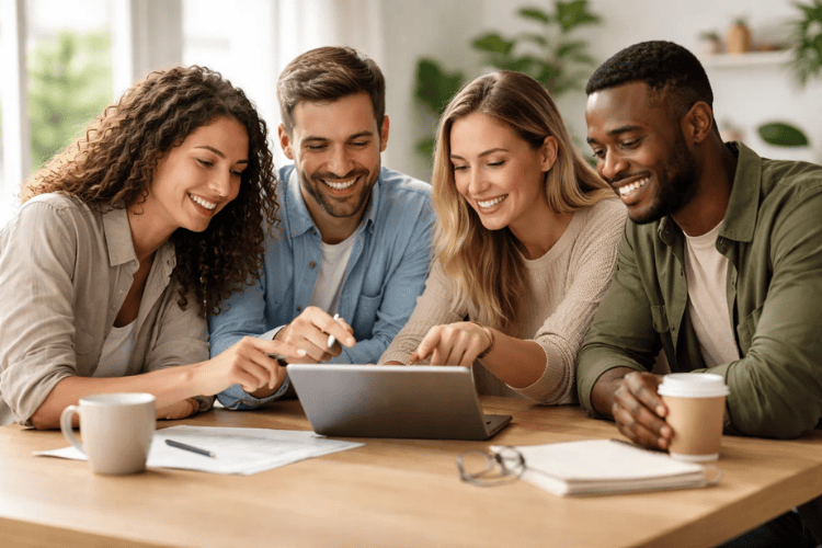 Menschen, die in einem Kreis stehen und ihre ausgestreckten Arme treffen in der Mitte zusammen. Sinnbild des Teamgeists bei einer Crowdfunding-Kampagne zur Luftqualität air-Q