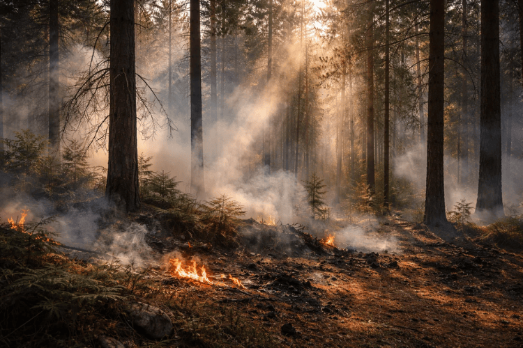 Waldbrand an einem Hang bei Nacht, Sinnbild für den Klimawandel und freigesetzte Luftschadstoffe, die Asthma begünstigen.
