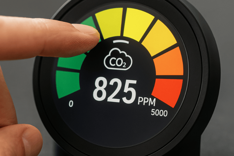 Una mano señala un aparato de medición del aire con indicador de semáforo