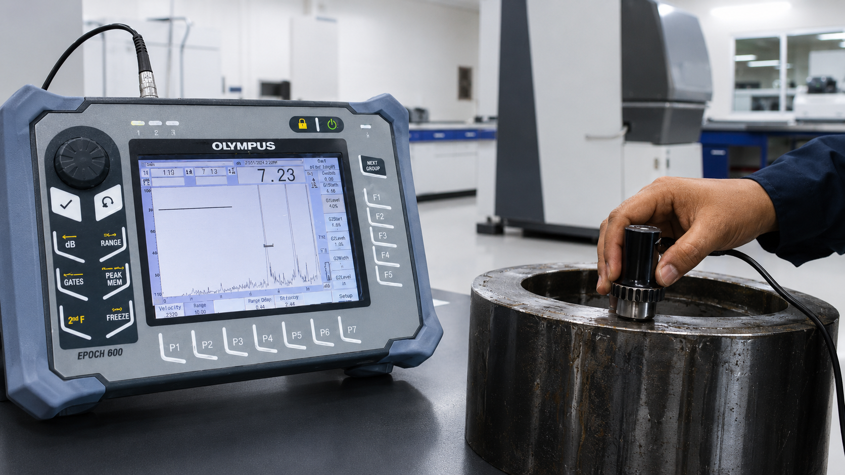 Técnico preparando una probeta para ensayo de tracción