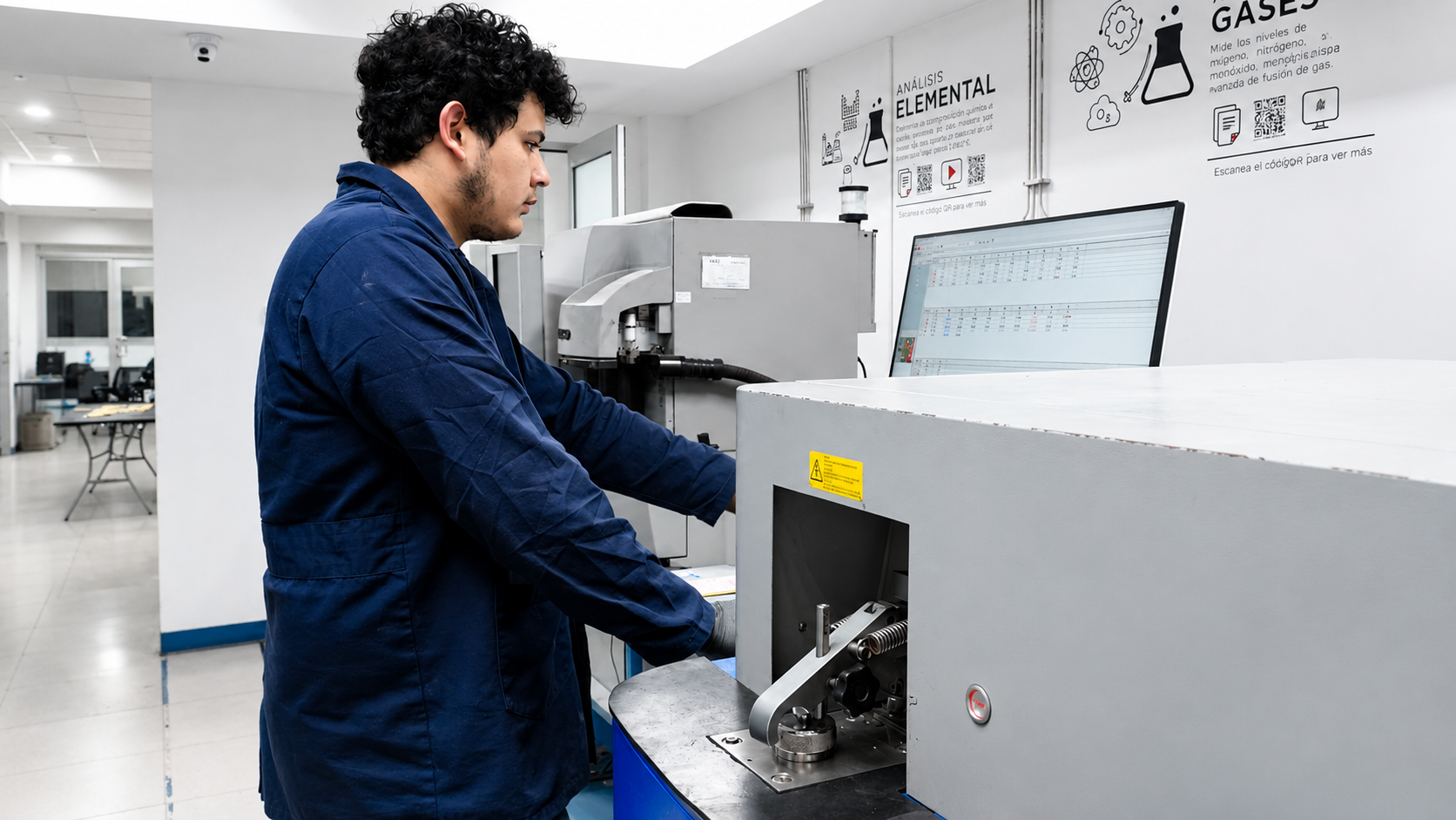 Técnico preparando una probeta para ensayo de tracción