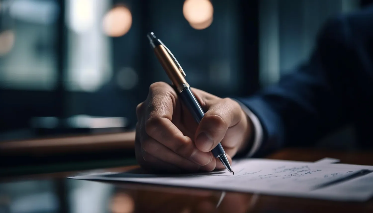 Person in a suit writing on paper with a pen in a dimly lit office environment.
