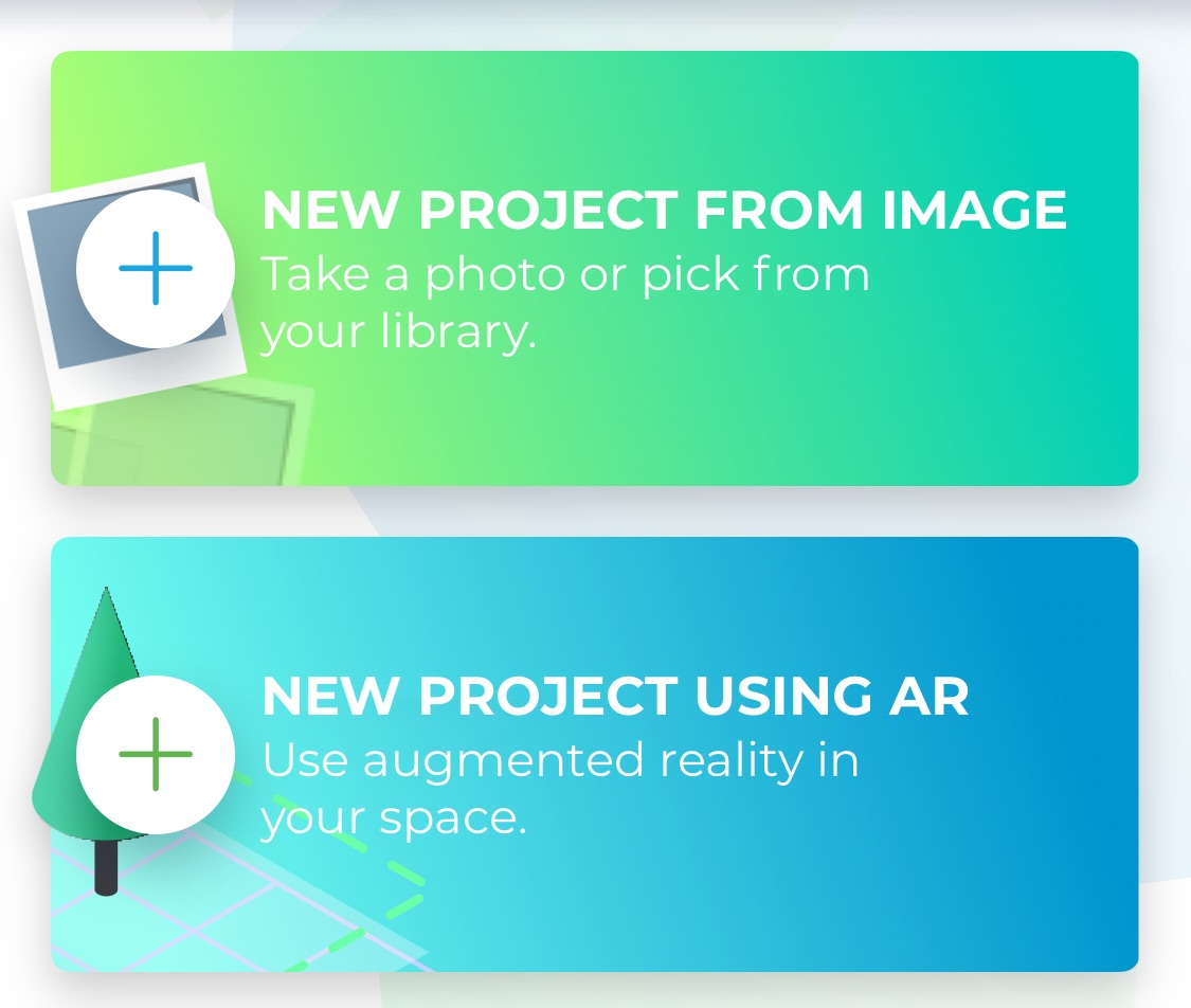 iScape app screen showing options to start a new landscape design using image or augmented reality.