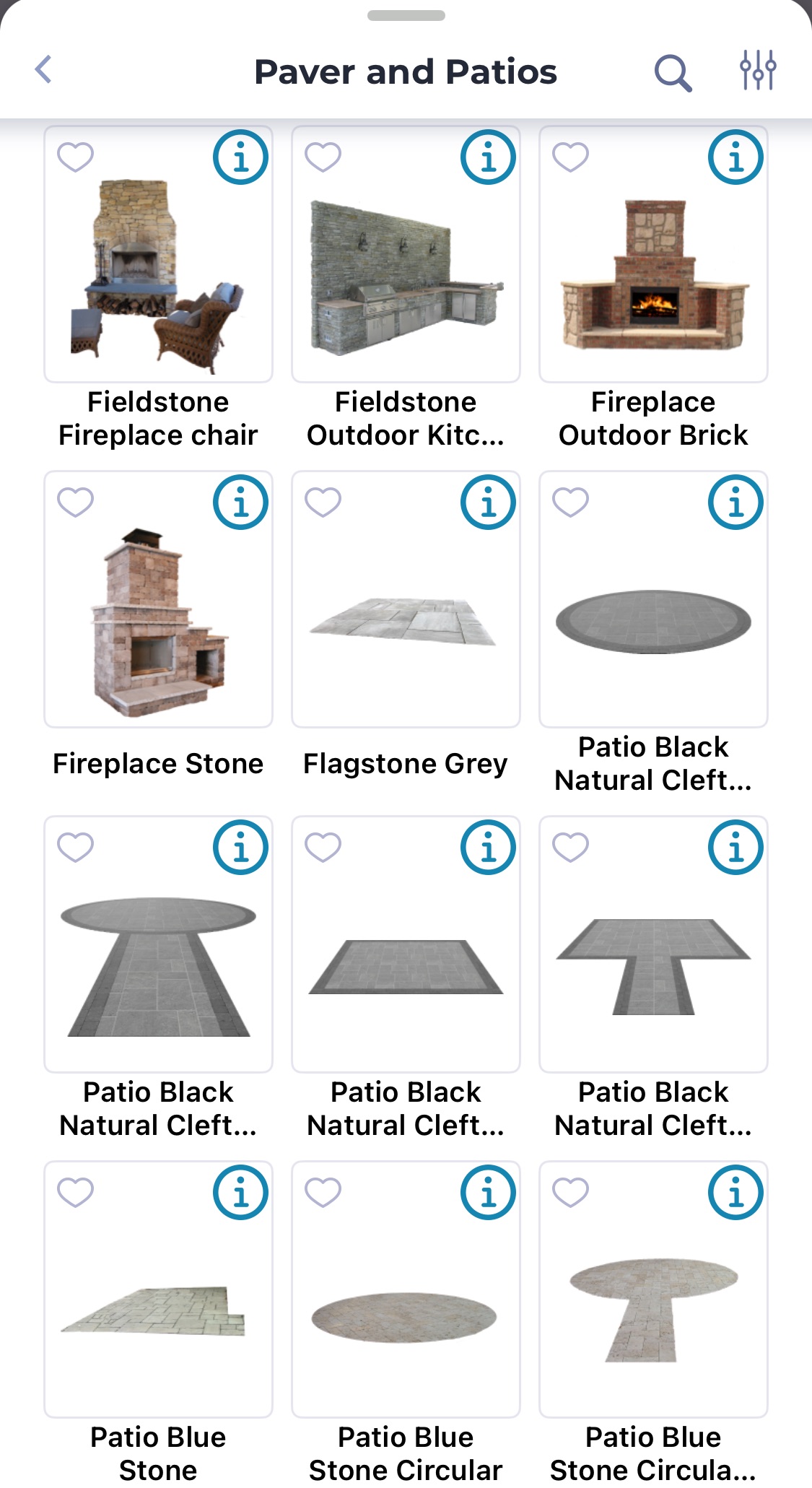 iScape app library with fieldstone fireplaces, patios, and paver design options for landscape planning.