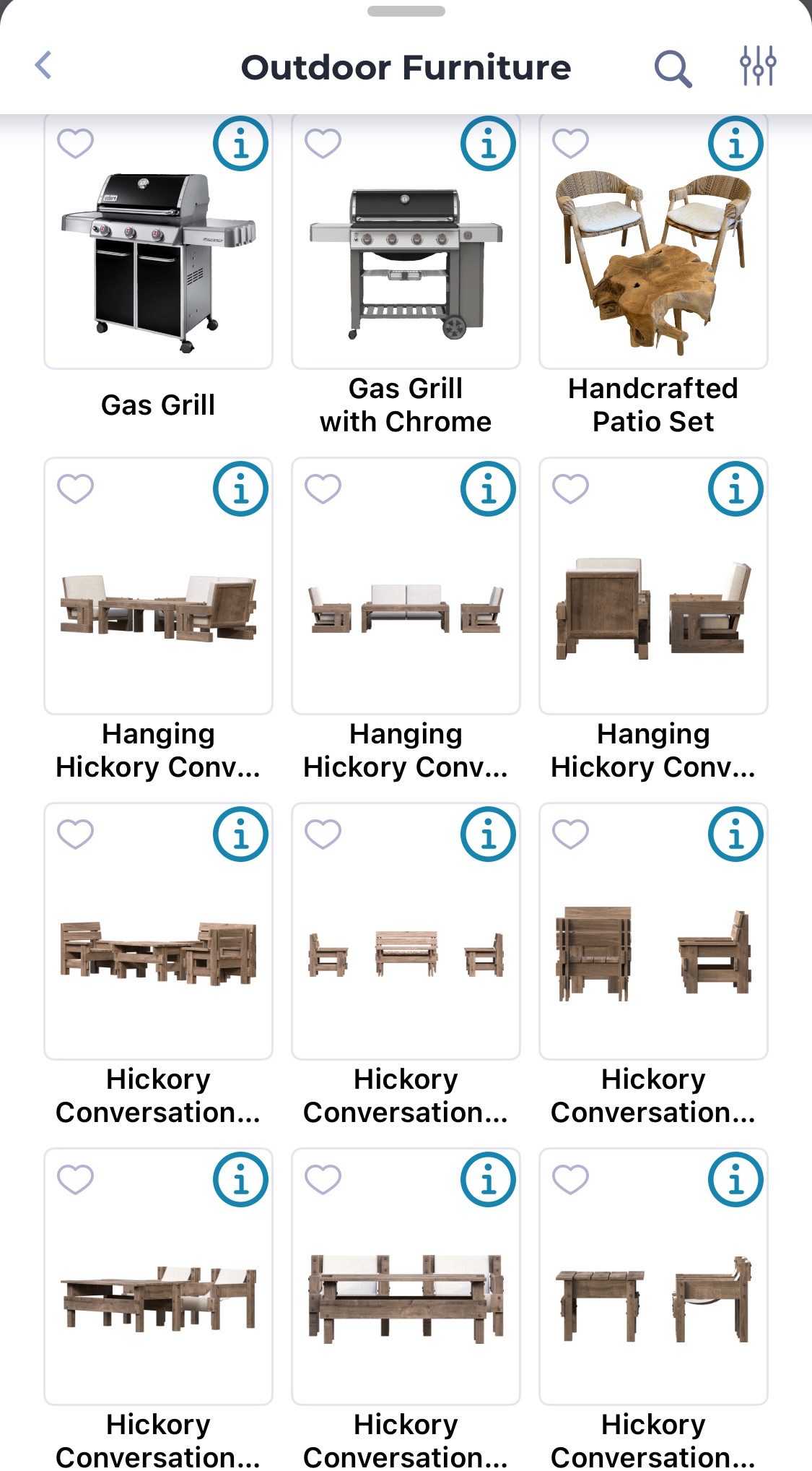 iScape app showing 3D outdoor furniture models like grills, patio sets, and hickory seating collections.