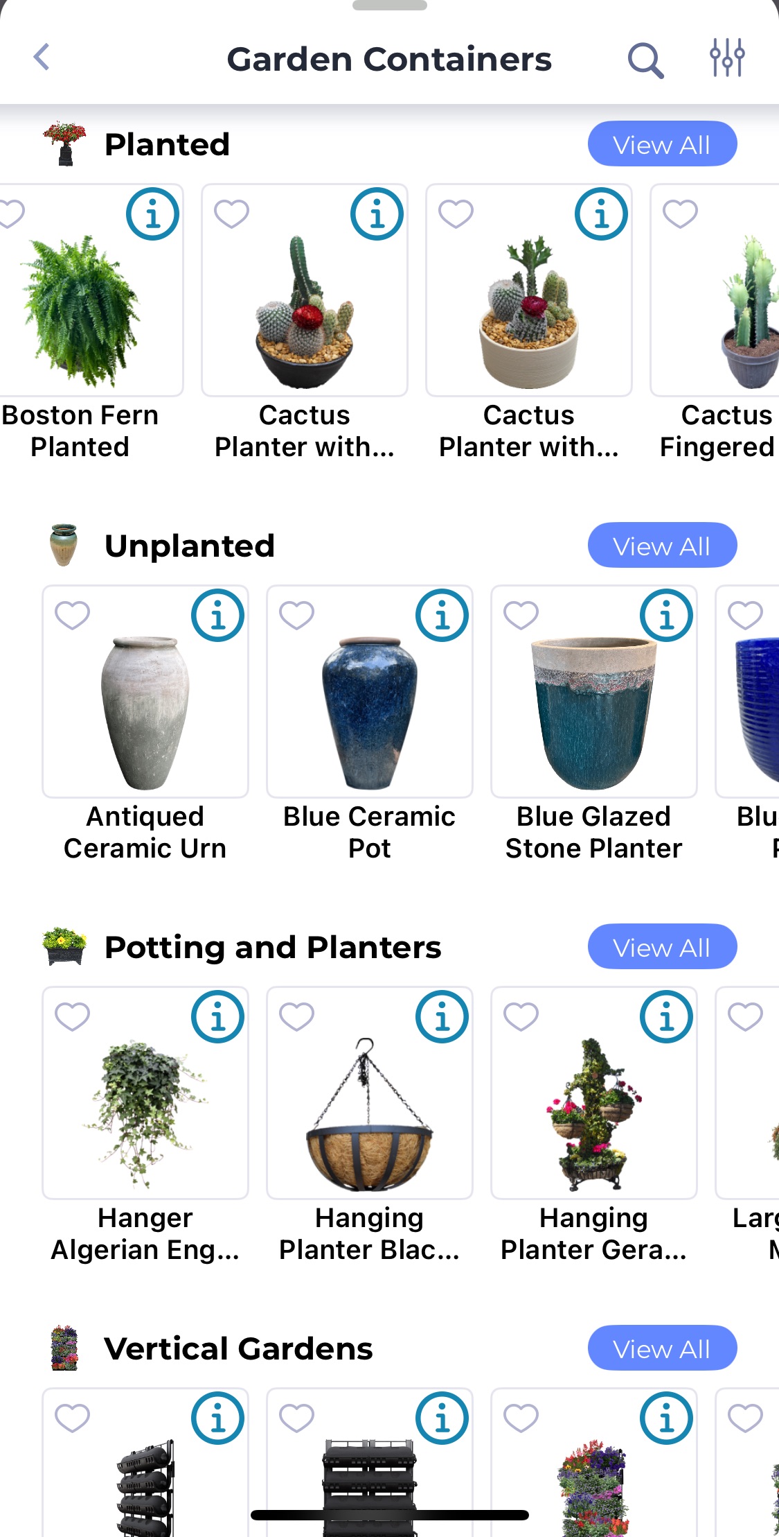 iScape app garden container options including planters, pots, hanging baskets, and vertical gardens.