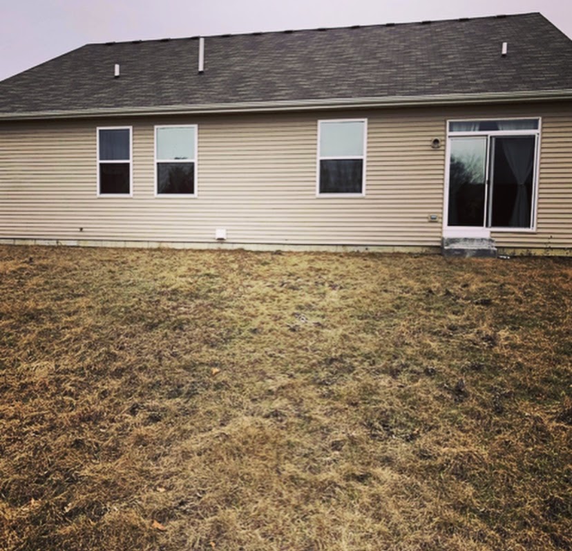 Backyard of a suburban home with beige siding and bare grass lawn, showing a blank slate perfect for new landscape design or garden installation.
