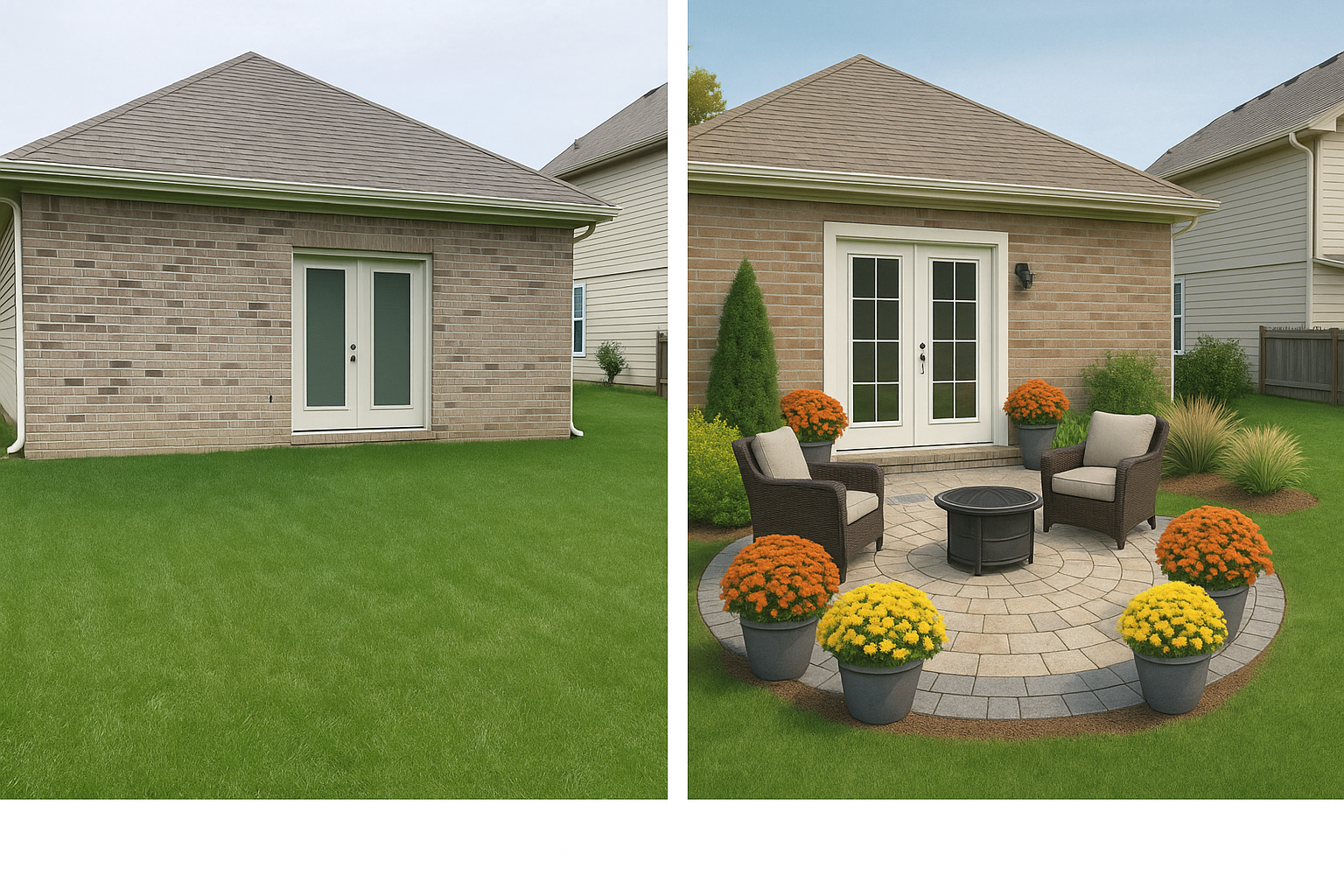 Before-and-after backyard design showing transformation from patchy grass to lush lawn with stone patio, shrubs, and vibrant flowers.