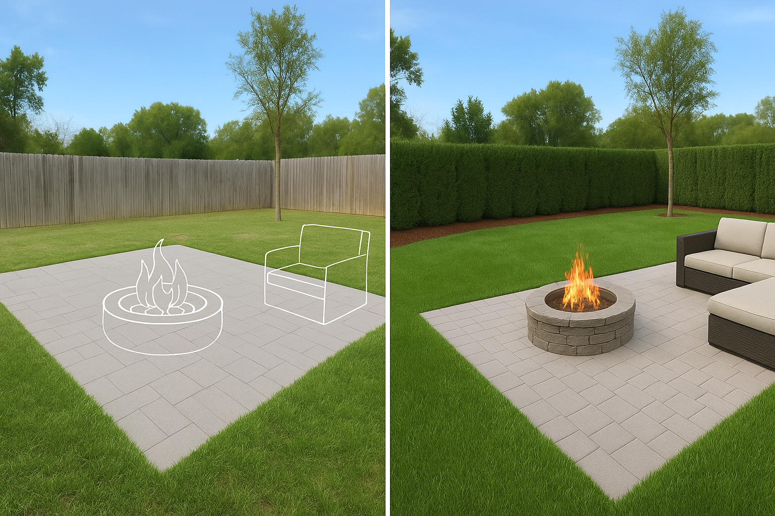 Before-and-after iScape backyard design showing transformation from a plain patio concept to a finished space with firepit, sofa, and privacy hedge.