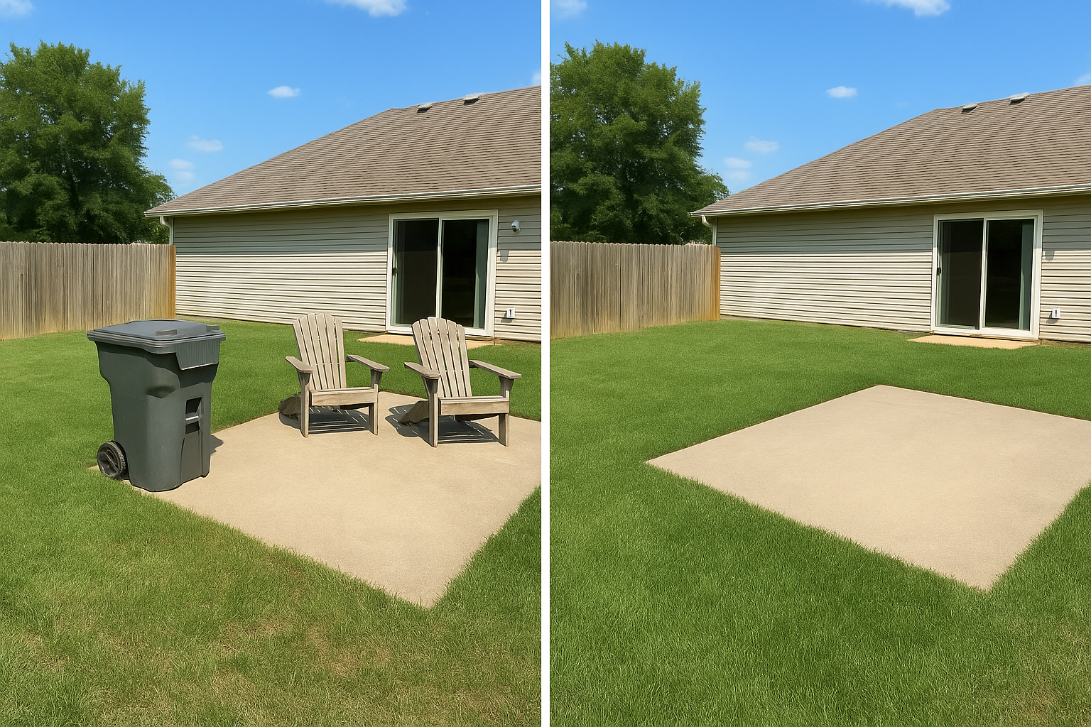 Before-and-after iScape image showing a cluttered yard cleared with Magic Eraser, removing trash cans and furniture to create a clean design canvas.
