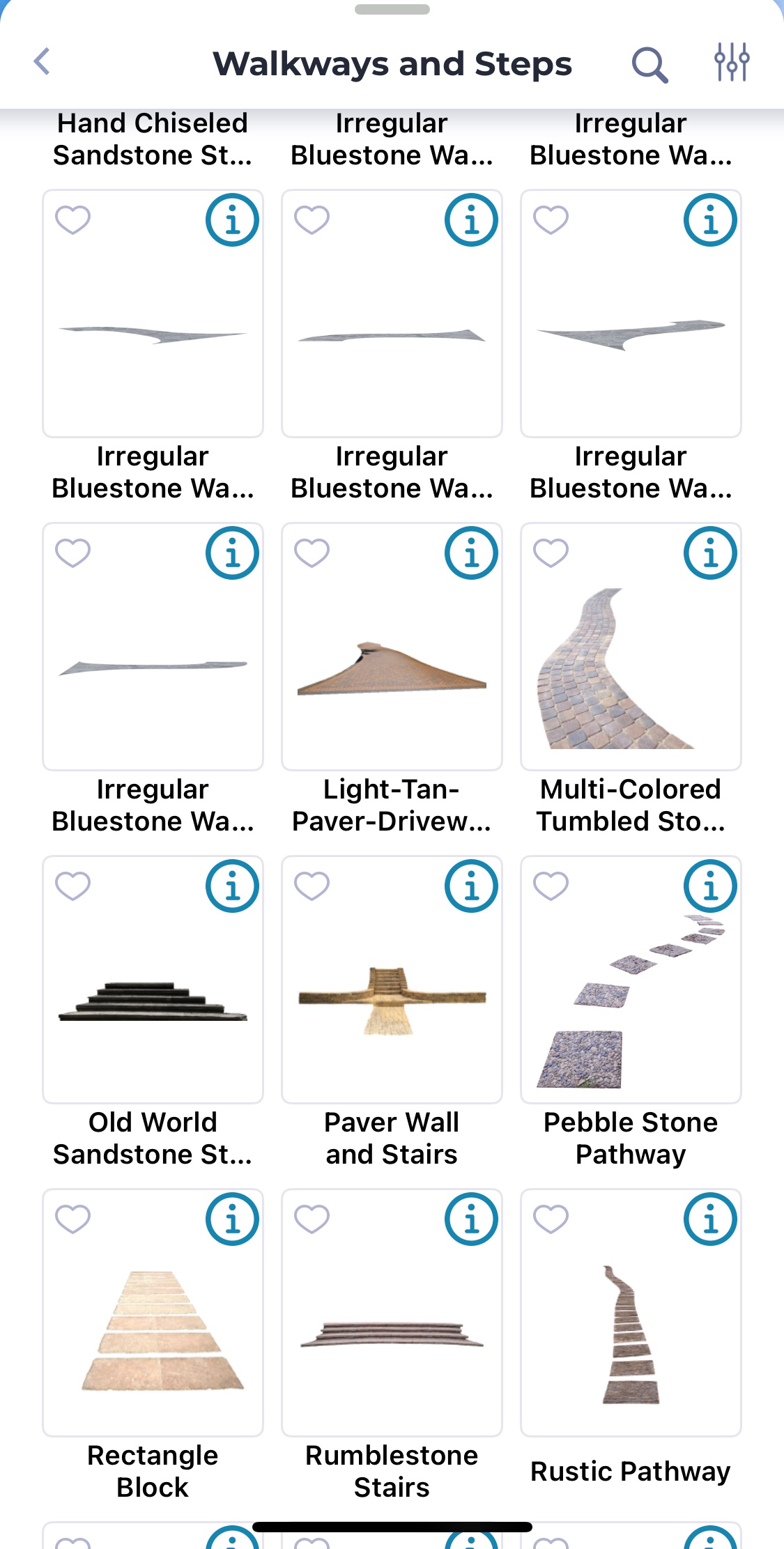 Scape app library showing walkway and step design options like bluestone, sandstone, paver, and pebble stone pathways for landscaping.