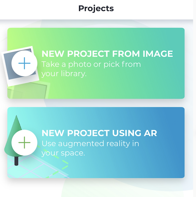 Screenshot of the iScape app showing options to start a new landscape design project from an image or use AR to visualize ideas directly in your space.