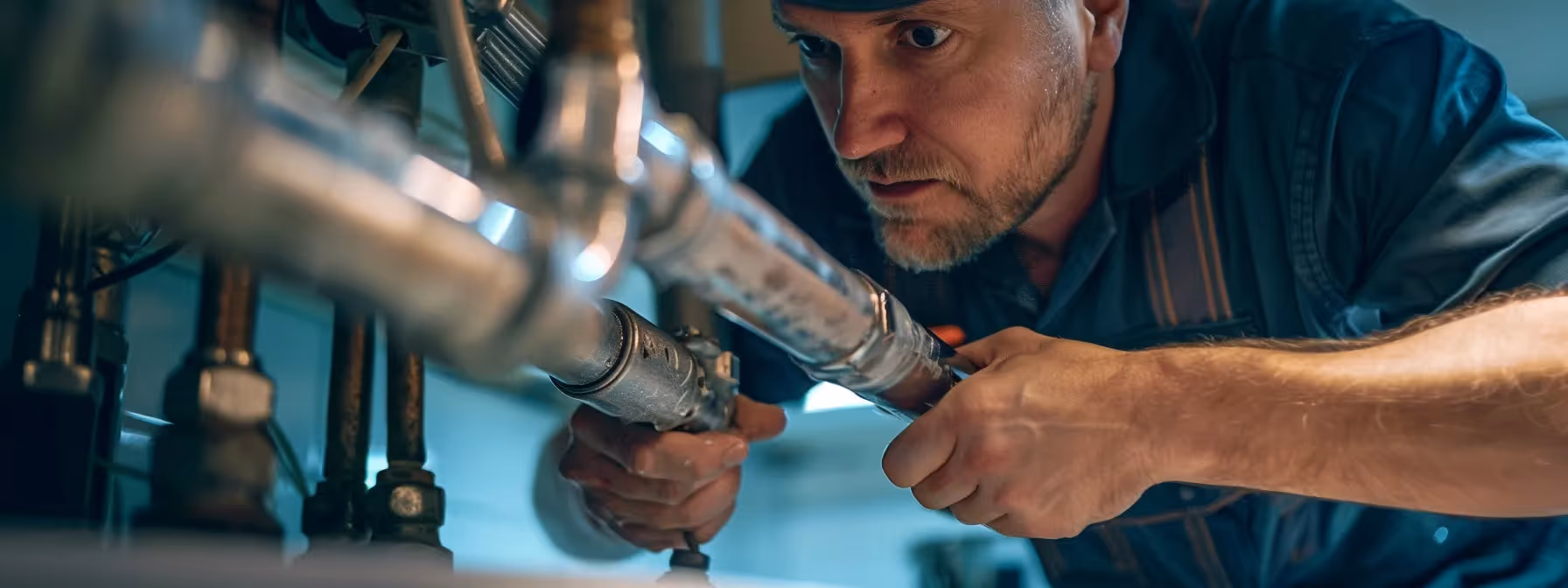 a professional plumber tightening a pipe connection under a sink.