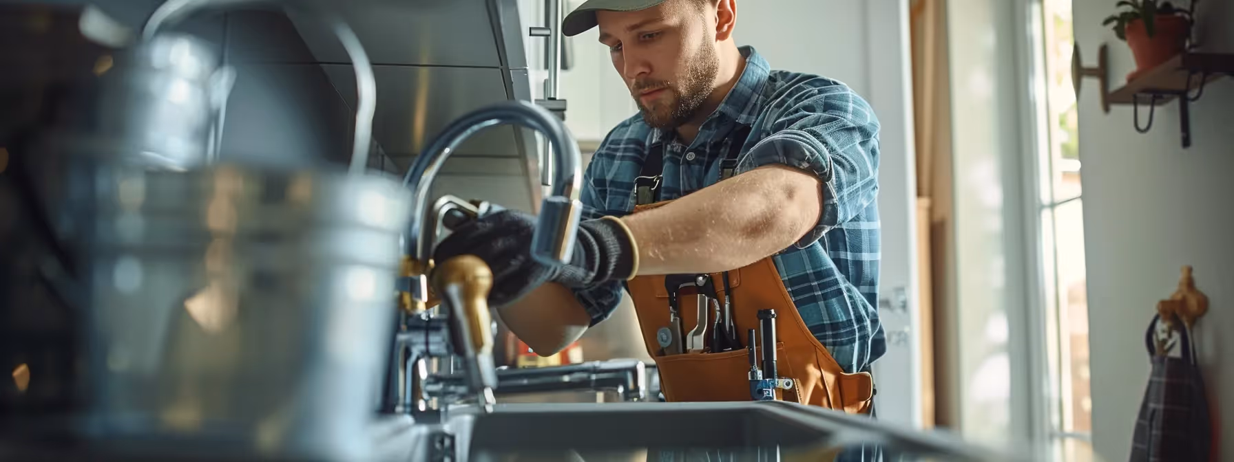 a professional plumber using advanced tools to assess water usage and improve efficiency in a modern home.
