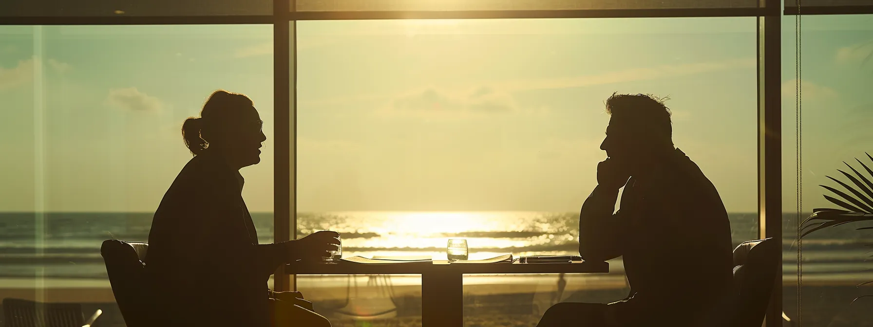 two business professionals engage in a focused discussion against a backdrop of miramar beach.