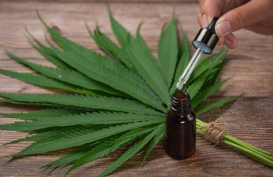 Hemp oil and hemp leaves