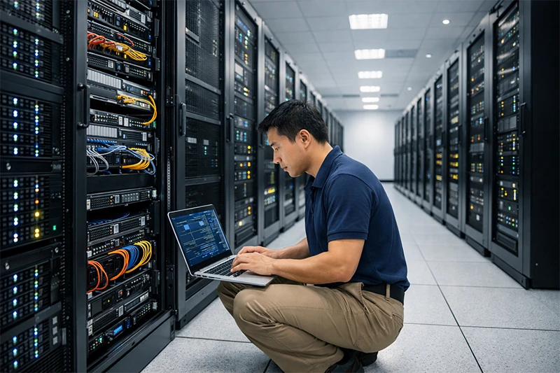 Man with laptop in server room