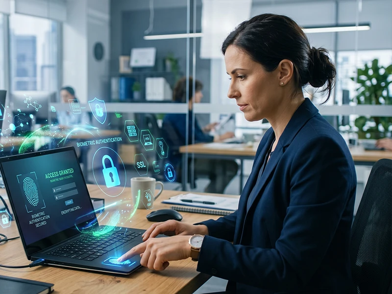 Illustratives Bild einer Frau, die an einem Laptop arbeitet, überlagert mit Sicherheitssymbolen
