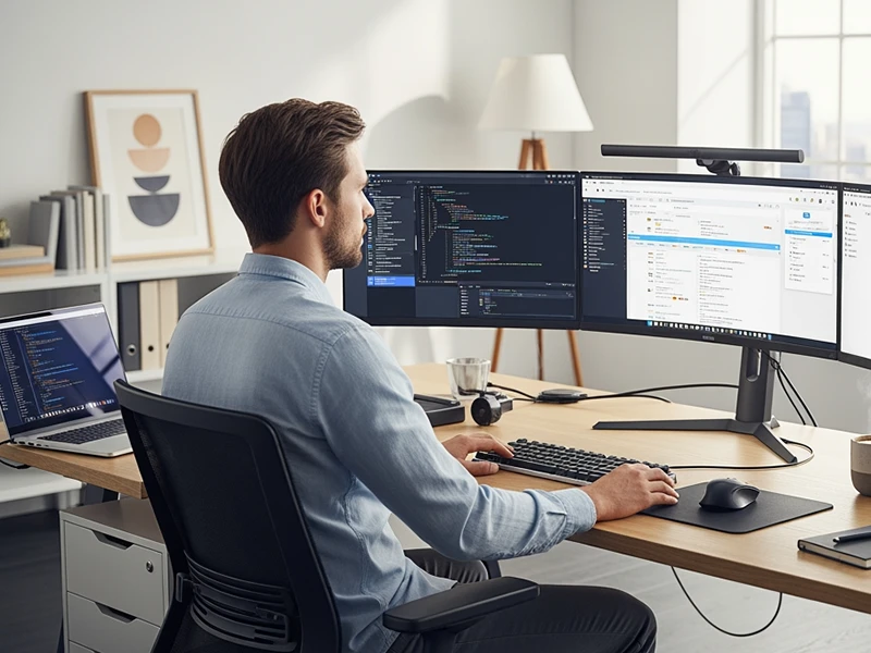 Illustratives Bild eines Mannes, der an mehreren Bildschirmen arbeitet