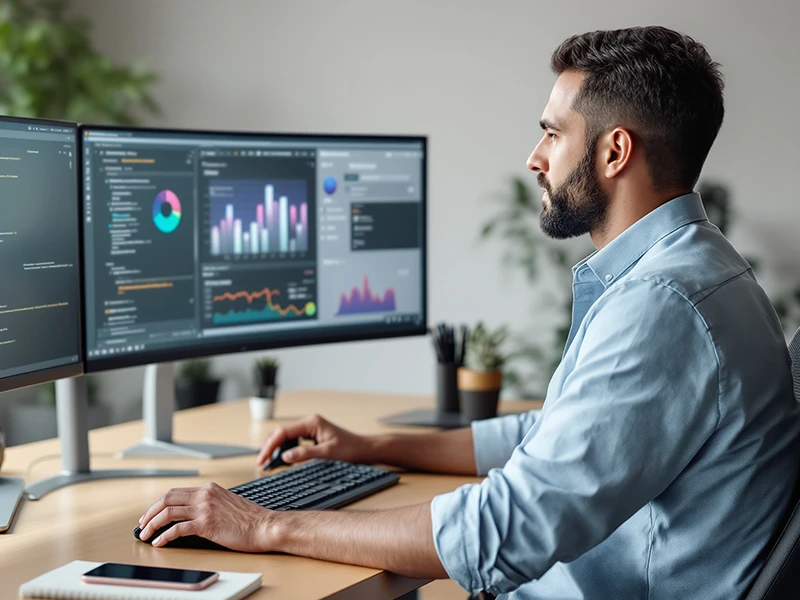 Illustratives Bild eines Mannes mit mehreren Monitoren
