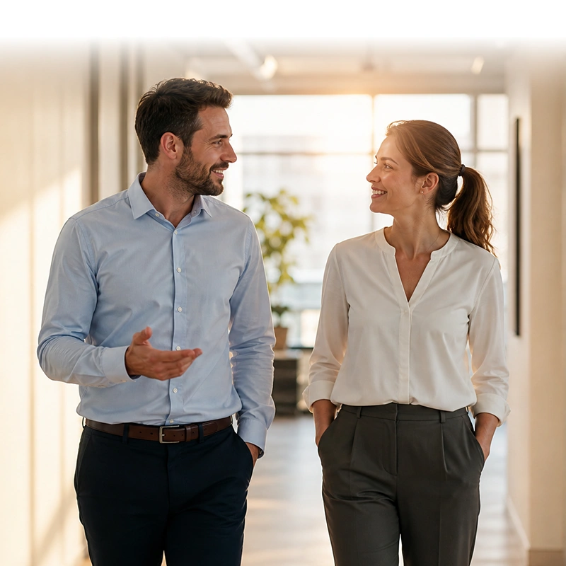 Image of a man and woman walking in office hall