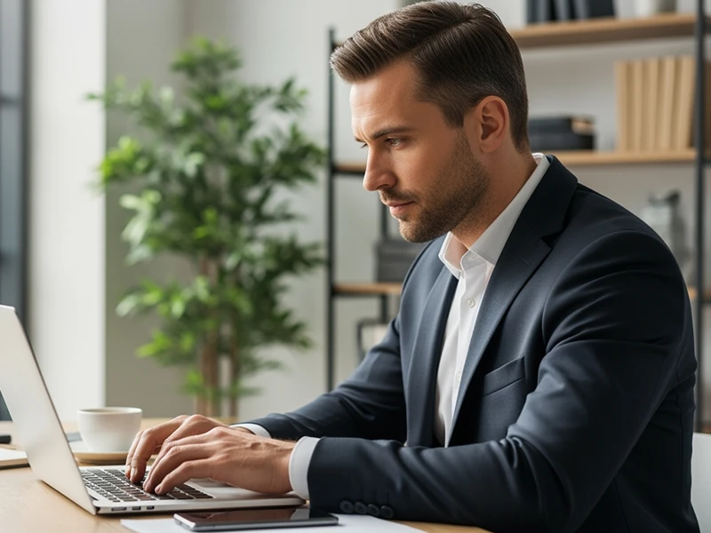 Illustratives Bild eines Mannes, der an einem Laptop arbeitet