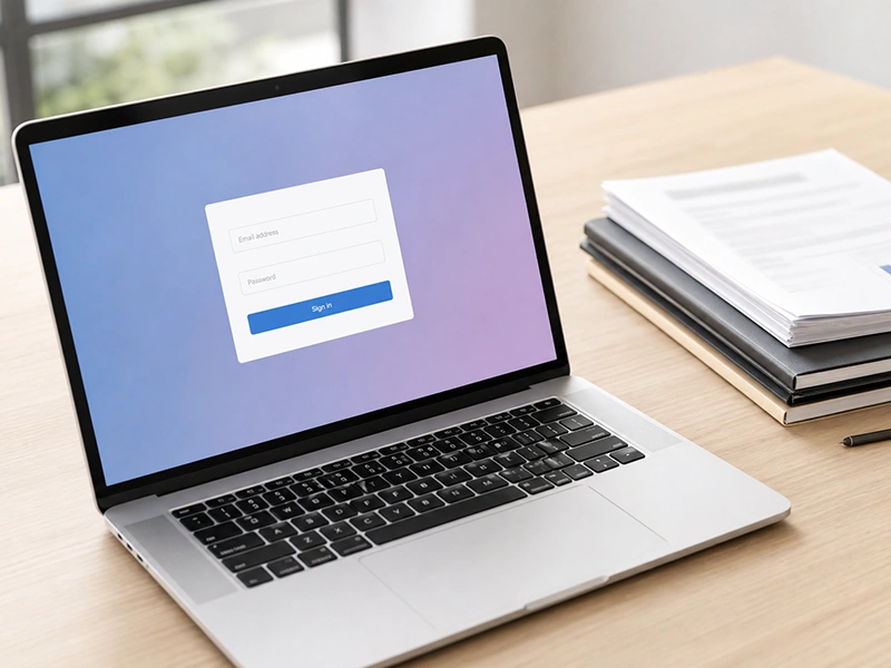 Illustratives Bild eines Laptops und von Papierdokumenten