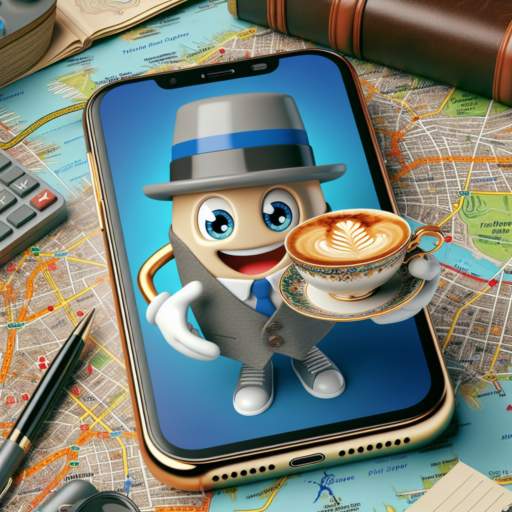 A character in the photo suggests a delicious cappuccino, going out of a phone on a map for travelling