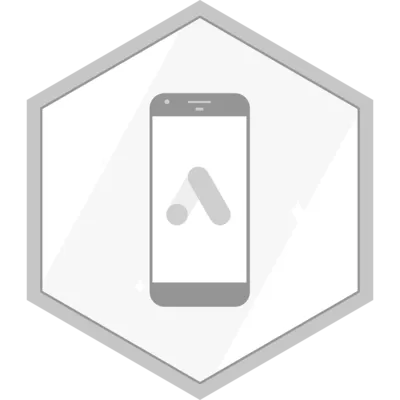 Gray hexagon badge displaying a smartphone with a stylized letter A on its screen.