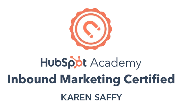 HubSpot Academy Inbound Marketing Certified badge with a magnet icon and the name Karen Saffy.