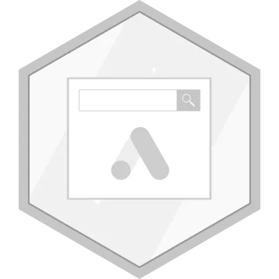 Hexagonal badge featuring a stylized search engine logo with a search bar and magnifying glass icon.