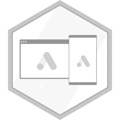 Hexagonal badge featuring a computer window and a smartphone screen displaying a stylized 'A' logo.