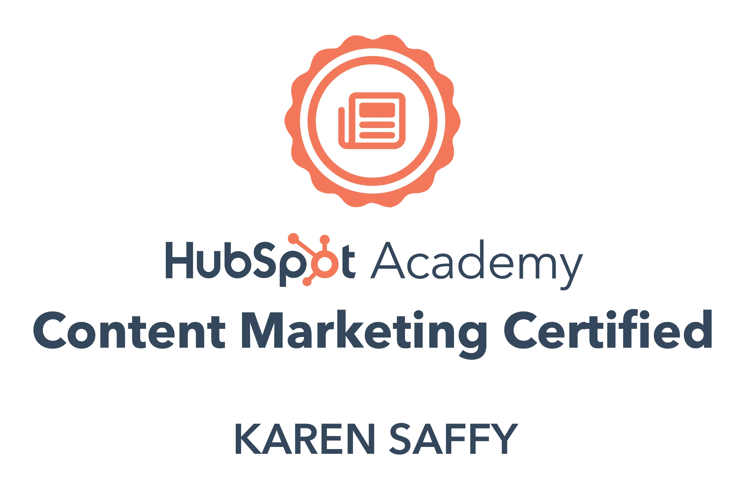 HubSpot Academy Content Marketing Certified badge with recipient name Karen Saffy.