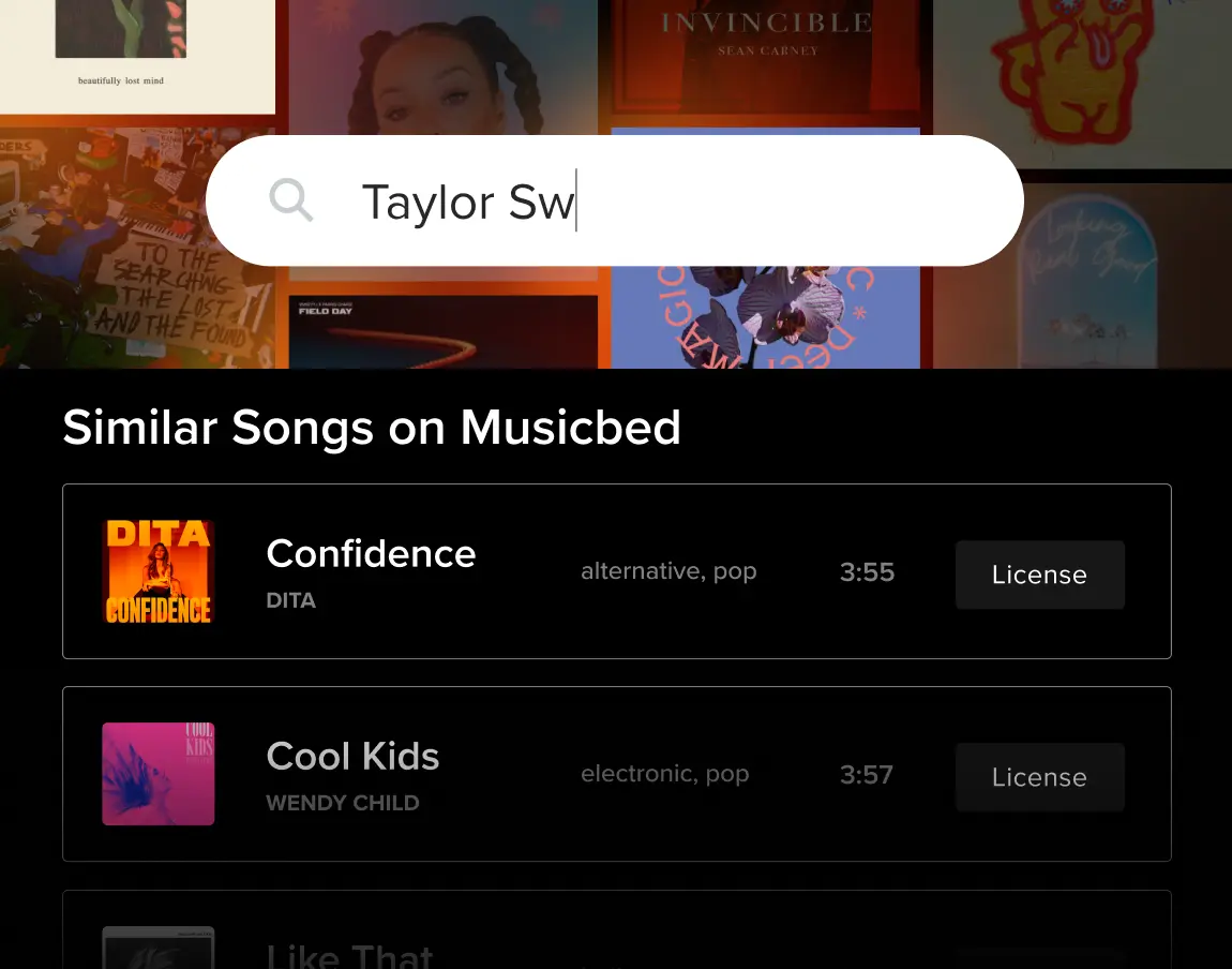 Screenshot of searching for artists in the Musicbed app
