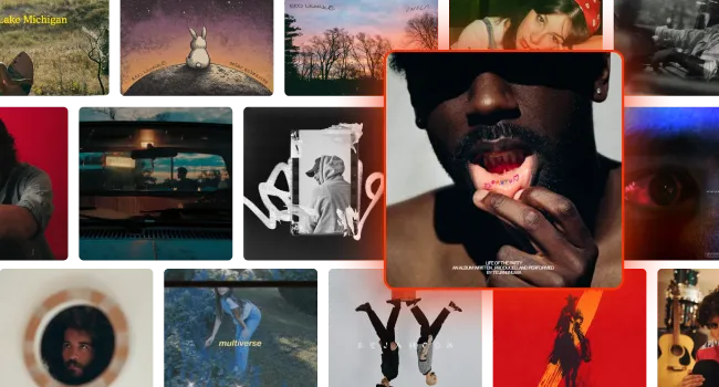 Collage of various artistic photos including a man holding a lip with 'Pardon' written on it, a person in a red hat, a rabbit illustration, a sunset, and diverse human portraits.