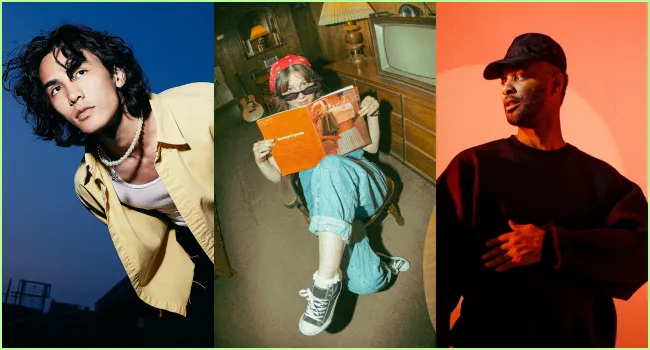 Three young people in different settings: on the left, a man leaning forward outdoors at dusk against a blue sky; in the center, a person sitting indoors reading a record album, wearing a red bandana and sneakers; on the right, a man wearing a black cap and sweater against an orange background.