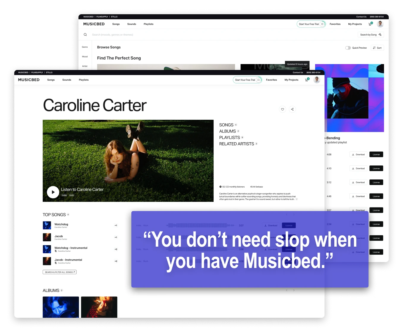 Screenshots of the Musicbed app. Text overlaid says "You don't need slop when you have Musicbed."
